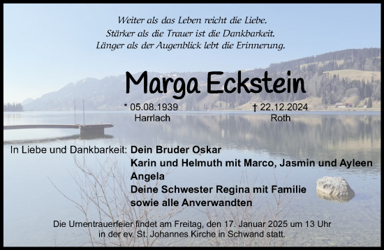 Traueranzeige von Marga Eckstein von Roth-Hilpoltsteiner Volkszeitung Lokal