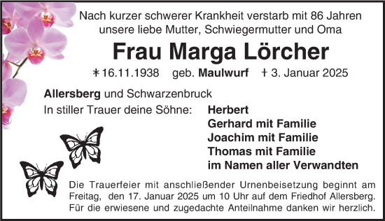 Traueranzeige von Marga Lörcher von Roth-Hilpoltsteiner Volkszeitung Lokal
