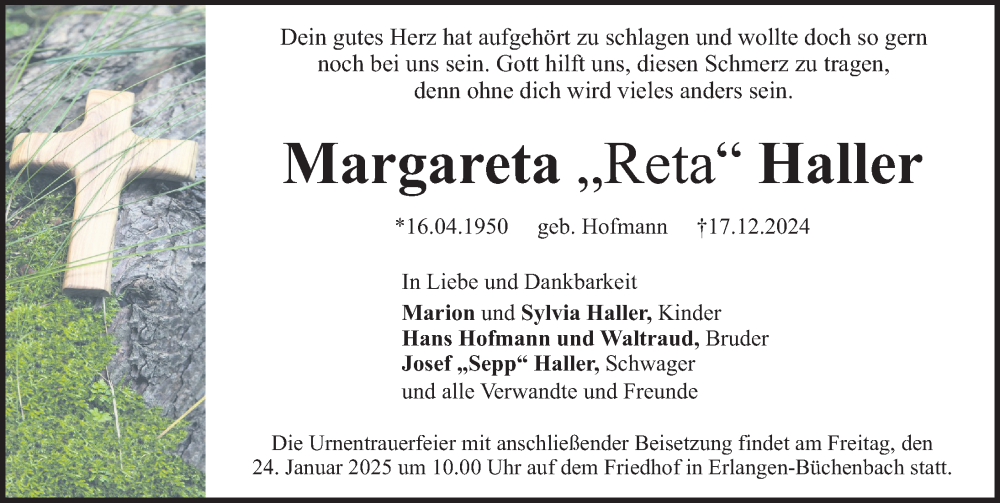  Traueranzeige für Margareta Haller vom 18.01.2025 aus Erlanger Nachrichten Lokal