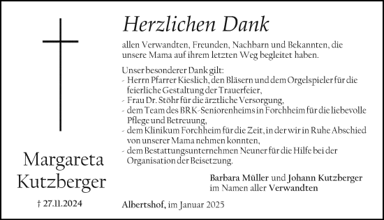 Traueranzeige von Margareta Kutzberger von Nordbayerische Nachrichten Forchheim Lokal