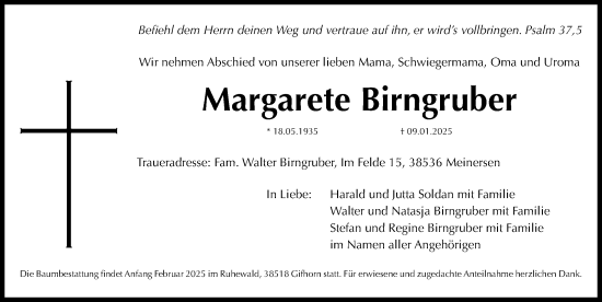 Traueranzeige von Margarete Birngruber von Roth-Hilpoltsteiner Volkszeitung Lokal