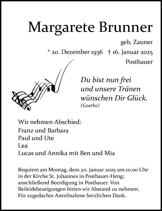 Traueranzeige von Margarete Brunner von Neumarkter Nachrichten Lokal
