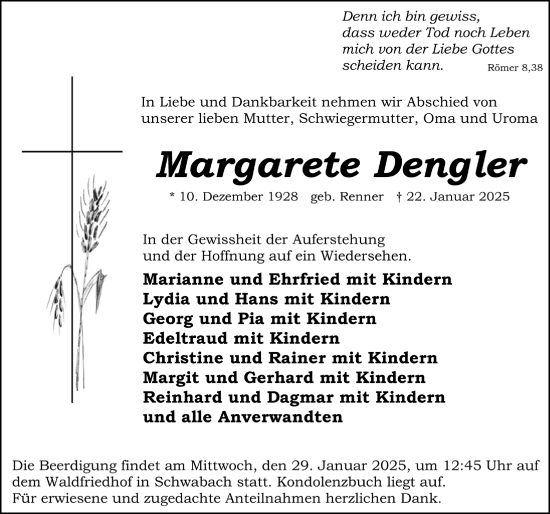 Traueranzeige von Margarete Dengler von Schwabacher Tagblatt Lokal