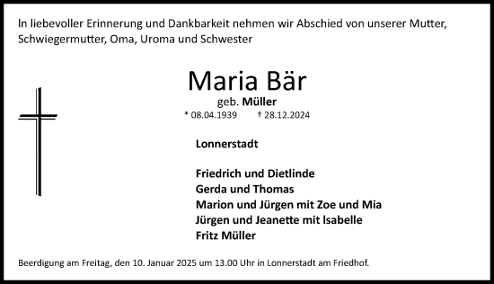 Traueranzeige von Maria Bär von Nordbayerische Nachrichten Herzogenaurach Lokal