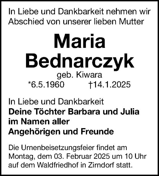 Traueranzeige von Maria Bednarczyk von Gesamtausgabe Nürnberger Nachrichten/ Nürnberger Ztg.