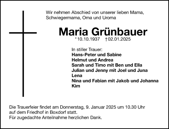 Traueranzeige von Maria Grünbauer von Fürther Nachrichten Lokal