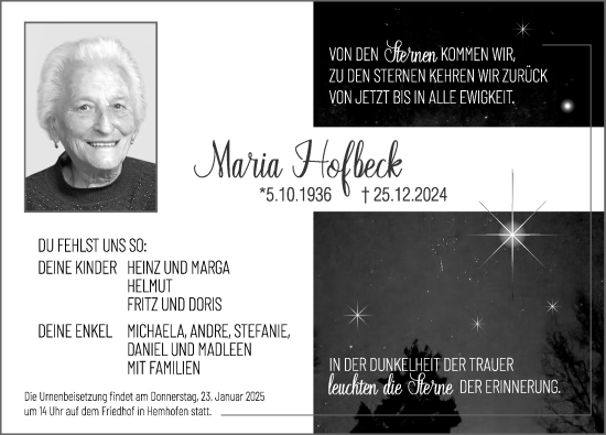 Traueranzeige von Maria Hofbeck von Nordbayerische Nachrichten Herzogenaurach Lokal