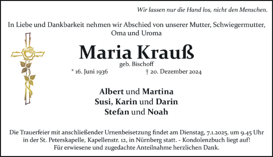 Traueranzeige von Maria Krauß von Gesamtausgabe Nürnberger Nachrichten/ Nürnberger Ztg.