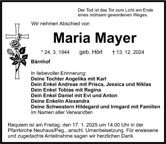Traueranzeige von Maria Mayer von Nordbayerische Nachrichten Pegnitz Lokal