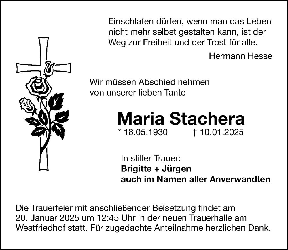  Traueranzeige für Maria Stachera vom 18.01.2025 aus Gesamtausgabe Nürnberger Nachrichten/ Nürnberger Ztg.
