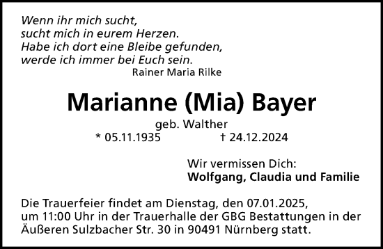 Traueranzeige von Marianne Bayer von Gesamtausgabe Nürnberger Nachrichten/ Nürnberger Ztg.