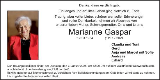 Traueranzeige von Marianne Gaspar von Schwabacher Tagblatt Lokal