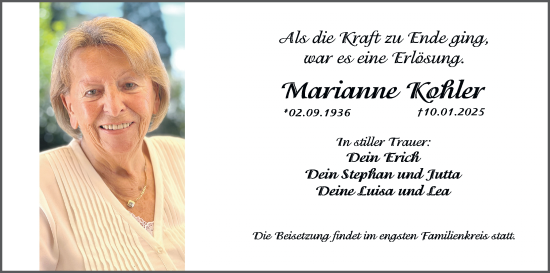 Traueranzeige von Marianne Kohler von Fürther Nachrichten Lokal