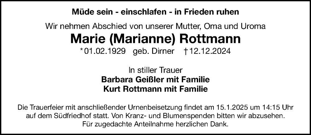  Traueranzeige für Marianne Rottmann vom 04.01.2025 aus Gesamtausgabe Nürnberger Nachrichten/ Nürnberger Ztg.