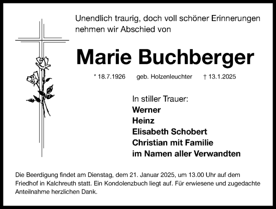 Traueranzeige von Marie Buchberger von Erlanger Nachrichten Lokal