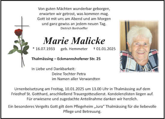 Traueranzeige von Marie Malicke von Roth-Hilpoltsteiner Volkszeitung Lokal