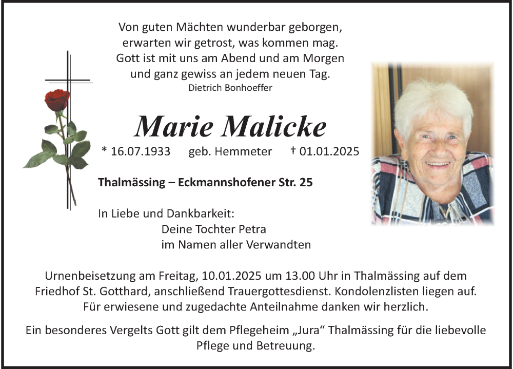  Traueranzeige für Marie Malicke vom 08.01.2025 aus Roth-Hilpoltsteiner Volkszeitung Lokal