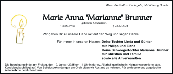 Traueranzeige von Marie Anna Brunner von Schwabacher Tagblatt Lokal