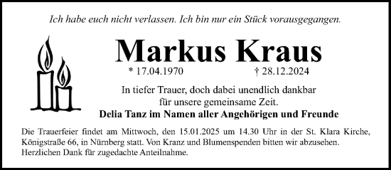 Traueranzeige von Markus Kraus von Gesamtausgabe Nürnberger Nachrichten/ Nürnberger Ztg.