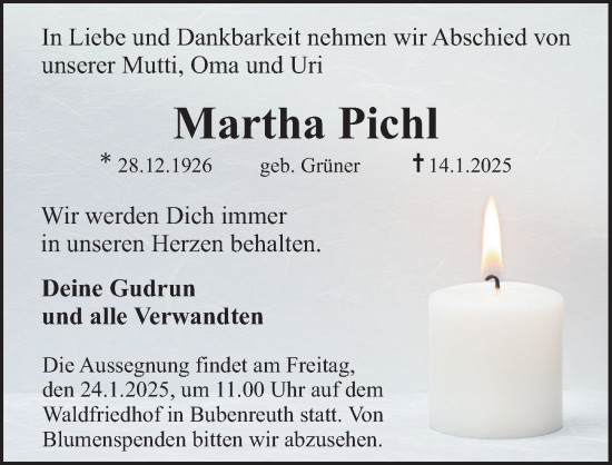 Traueranzeige von Martha Pichl von Erlanger Nachrichten Lokal