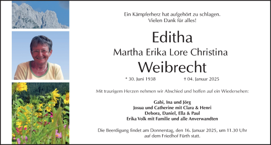Traueranzeige von Editha Weibrecht von Fürther Nachrichten Lokal