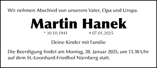 Traueranzeige von Martin Hanek von Gesamtausgabe Nürnberger Nachrichten/ Nürnberger Ztg.