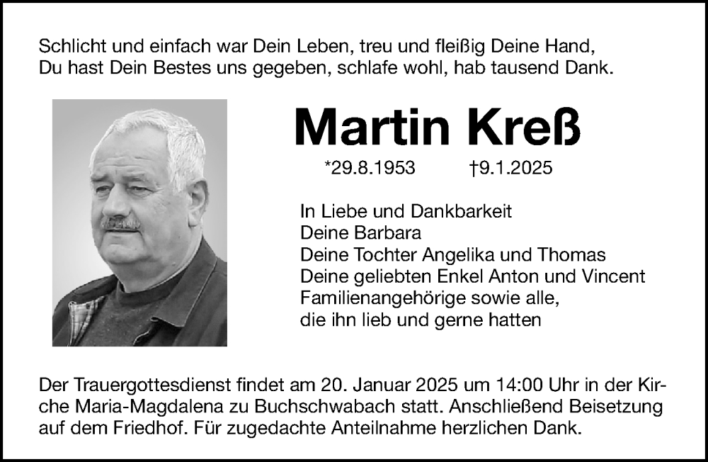  Traueranzeige für Martin Kreß vom 15.01.2025 aus Gesamtausgabe Nürnberger Nachrichten/ Nürnberger Ztg.