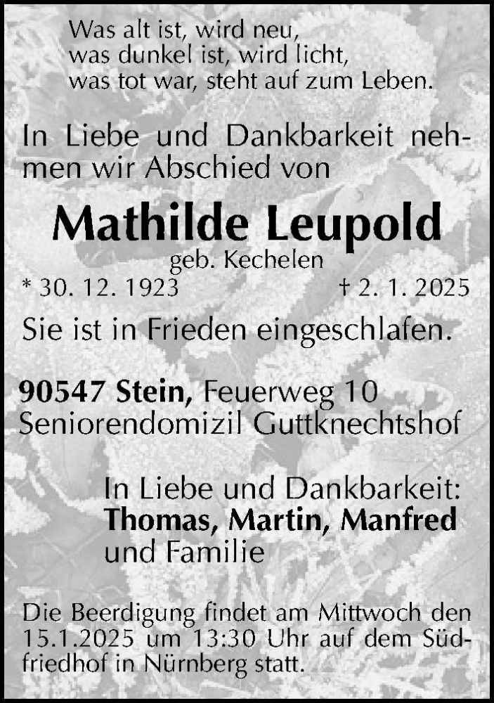  Traueranzeige für Mathilde Leupold vom 11.01.2025 aus Gesamtausgabe Nürnberger Nachrichten/ Nürnberger Ztg.