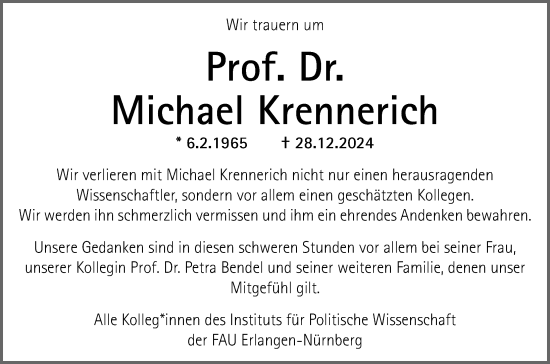 Traueranzeige von Michael Krennerich von Erlanger Nachrichten Lokal