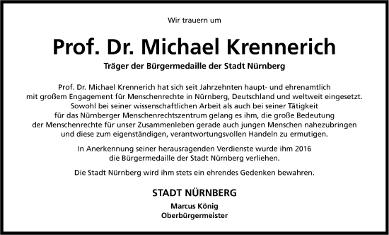 Traueranzeige von Michael Krennerich von Gesamtausgabe Nürnberger Nachrichten/ Nürnberger Ztg.