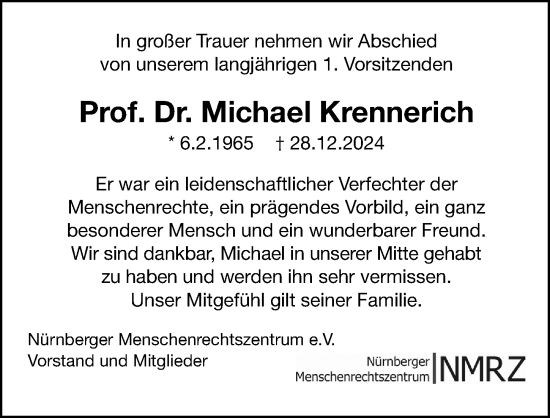 Traueranzeige von Michael Krennerich von Gesamtausgabe Nürnberger Nachrichten/ Nürnberger Ztg.