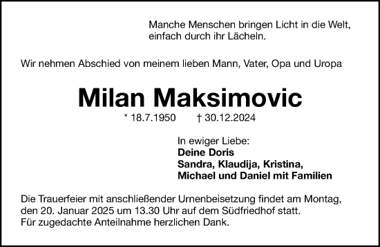 Traueranzeige von Milan Maksimovic von Gesamtausgabe Nürnberger Nachrichten/ Nürnberger Ztg.