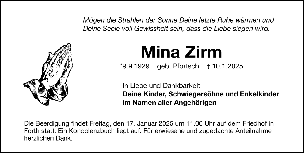  Traueranzeige für Mina Zirm vom 15.01.2025 aus Gesamtausgabe Nürnberger Nachrichten/ Nürnberger Ztg.