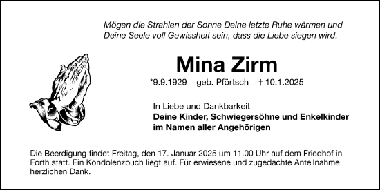 Traueranzeige von Mina Zirm von Gesamtausgabe Nürnberger Nachrichten/ Nürnberger Ztg.