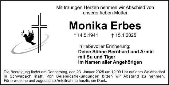 Traueranzeige von Monika Erbes von Schwabacher Tagblatt Lokal