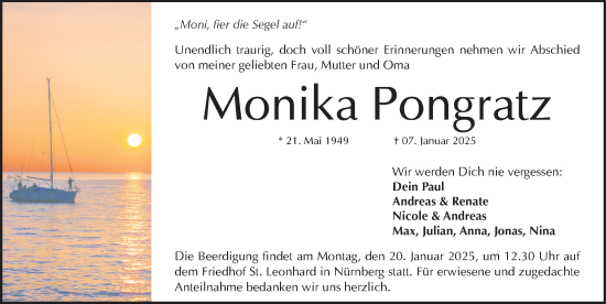 Traueranzeige von Monika Pongratz von Gesamtausgabe Nürnberger Nachrichten/ Nürnberger Ztg.