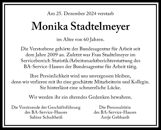 Traueranzeige von Monika Stadtelmeyer von Gesamtausgabe Nürnberger Nachrichten/ Nürnberger Ztg.