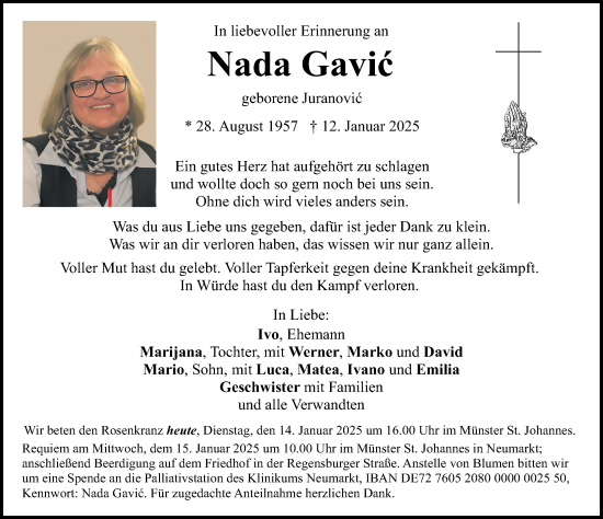 Traueranzeige von Nada Gavic von Neumarkter Nachrichten Lokal