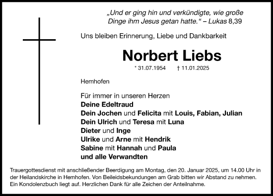 Traueranzeige von Norbert Liebs von Nordbayerische Nachrichten Herzogenaurach Lokal