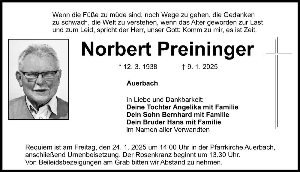  Traueranzeige für Norbert Preininger vom 21.01.2025 aus Nordbayerische Nachrichten Pegnitz Lokal