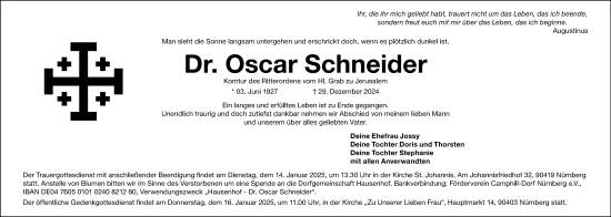 Traueranzeige von Oscar Schneider von Gesamtausgabe Nürnberger Nachrichten/ Nürnberger Ztg.