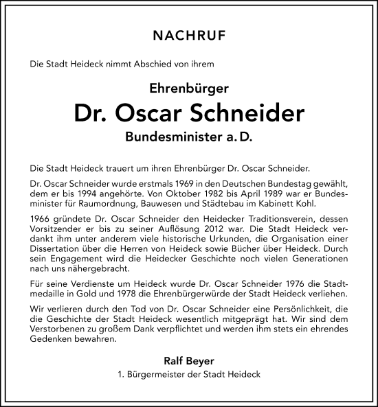 Traueranzeige von Oscar Schneider von Roth-Hilpoltsteiner Volkszeitung Lokal
