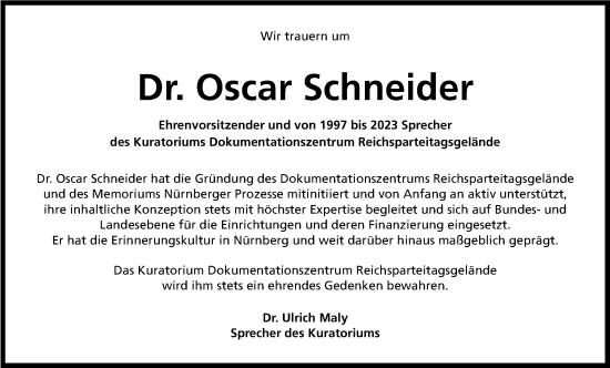 Traueranzeige von Oscar Schneider von Gesamtausgabe Nürnberger Nachrichten/ Nürnberger Ztg.