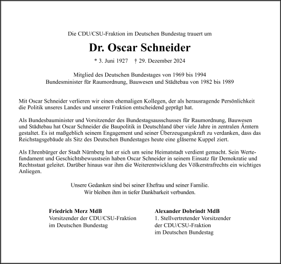 Traueranzeige von Oscar Schneider von Gesamtausgabe Nürnberger Nachrichten/ Nürnberger Ztg.