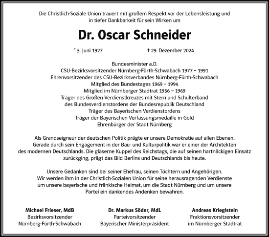 Traueranzeige von Oscar Schneider von Gesamtausgabe Nürnberger Nachrichten/ Nürnberger Ztg.