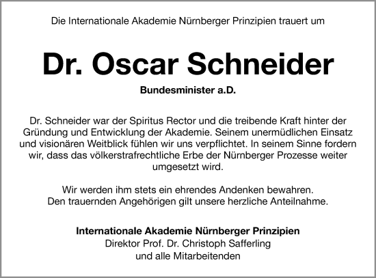 Traueranzeige von Oscar Schneider von Gesamtausgabe Nürnberger Nachrichten/ Nürnberger Ztg.