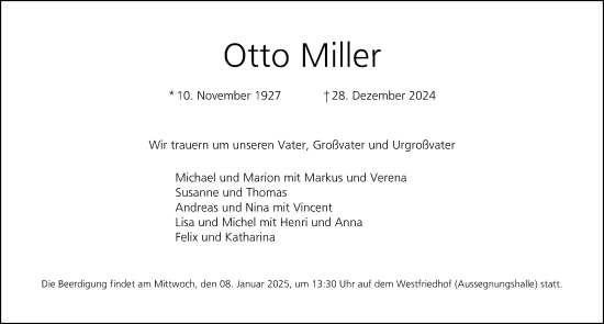 Traueranzeige von Otto Miller von Gesamtausgabe Nürnberger Nachrichten/ Nürnberger Ztg.