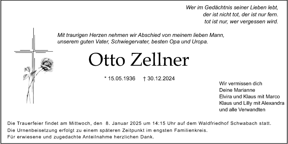  Traueranzeige für Otto Zellner vom 04.01.2025 aus Schwabacher Tagblatt Lokal