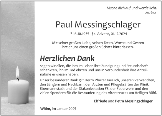 Traueranzeige von Paul Messingschlager von Nordbayerische Nachrichten Forchheim Lokal
