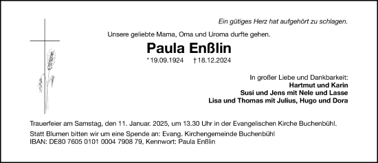 Traueranzeige von Paula Enßlin von Gesamtausgabe Nürnberger Nachrichten/ Nürnberger Ztg.